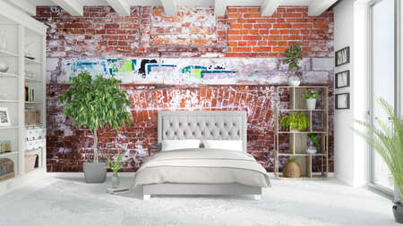 Beautiful modern bedroom interior with empty wall. 3D renderingの写真素材