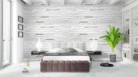 Beautiful modern bedroom interior with empty wall. 3D renderingの写真素材