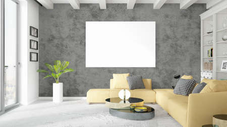 Modern bright interior with empty frame . 3D renderingの写真素材