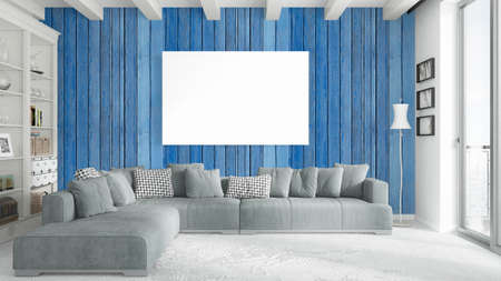 Modern bright interior with empty frame . 3D renderingの写真素材