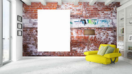 Beautiful living room interior with mock up poster frame. 3D rendering