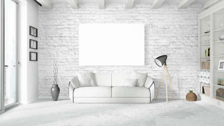 Modern bright interior with empty frame . 3D renderingの写真素材