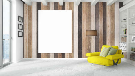 Modern bright interior with empty frame . 3D renderingの写真素材
