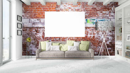 Modern bright interior with empty frame . 3D renderingの写真素材