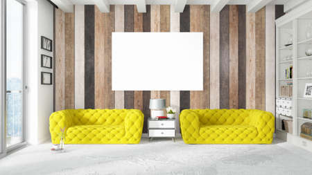 Modern bright interior with empty frame . 3D renderingの写真素材