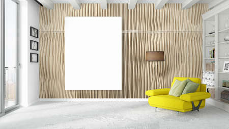 Modern bright interior with empty frame . 3D renderingの写真素材