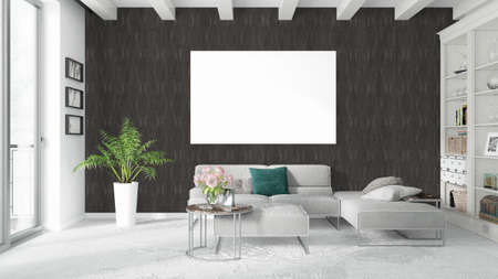 Modern bright interior with empty frame . 3D renderingの写真素材