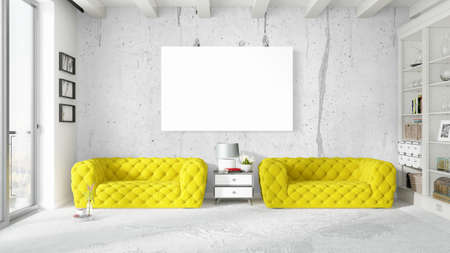 Modern bright interior with empty frame . 3D renderingの写真素材