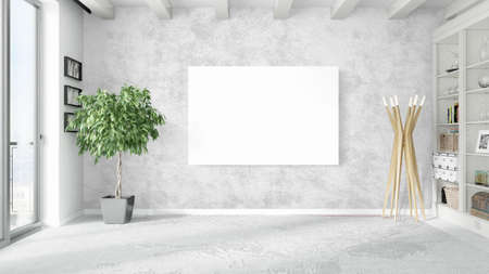 Modern bright interior with empty frame . 3D rendering