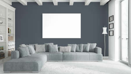Beautiful living room interior with mock up poster frame. 3D rendering