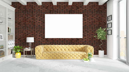 Beautiful living room interior with mock up poster frame. 3D renderingの写真素材