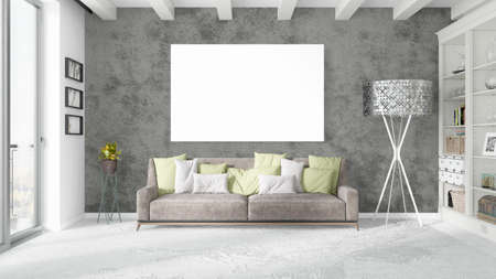 Modern bright interior with empty frame . 3D rendering