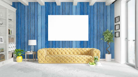 Modern bright interior with empty frame . 3D rendering
