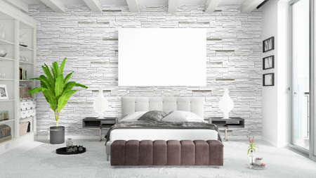 Beautiful living room interior with mock up poster frame. 3D rendering