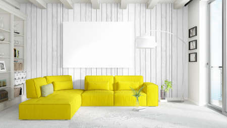Beautiful living room interior with mock up poster frame. 3D renderingの写真素材