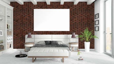 Beautiful living room interior with mock up poster frame. 3D renderingの写真素材
