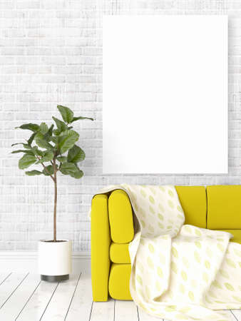 Beautiful living room interior with mock up poster frame. 3D renderingの写真素材