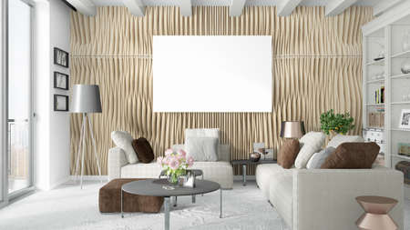 Beautiful living room interior with mock up poster frame. 3D rendering