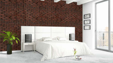 Beautiful modern bedroom interior with empty wall. 3D renderingの写真素材