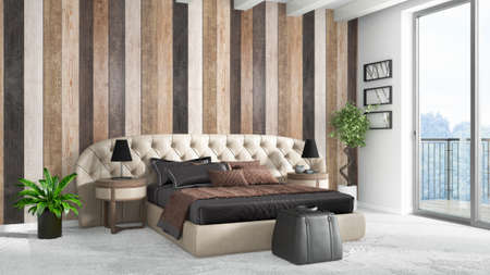 Beautiful modern bedroom interior with empty wall. 3D renderingの写真素材