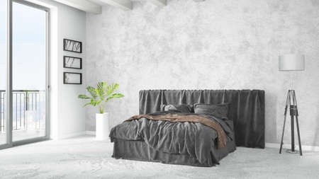 Beautiful modern bedroom interior with empty wall. 3D renderingの写真素材