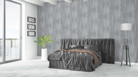 Beautiful modern bedroom interior with empty wall. 3D renderingの写真素材