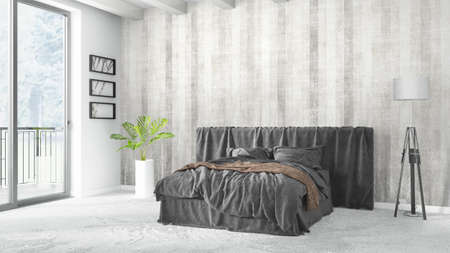 Beautiful modern bedroom interior with empty wall. 3D renderingの写真素材