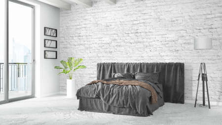 Beautiful modern bedroom interior with empty wall. 3D renderingの写真素材
