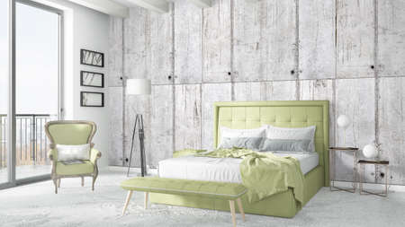 Beautiful modern bedroom interior with empty wall. 3D rendering