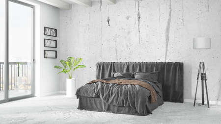 Beautiful modern bedroom interior with empty wall. 3D renderingの写真素材