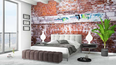Beautiful modern bedroom interior with empty wall. 3D rendering