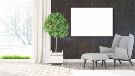 Beautiful living room interior with mock up poster frame. 3D rendering