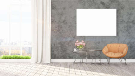 Beautiful living room interior with mock up poster frame. 3D renderingの写真素材