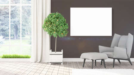 Beautiful living room interior with mock up poster frame. 3D rendering