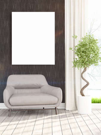 Beautiful living room interior with mock up poster frame. 3D rendering