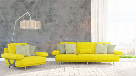 Beautiful living room interior with modern yellow sofa. 3D rendering