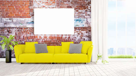 Modern interior with empty frame . 3D renderingの写真素材