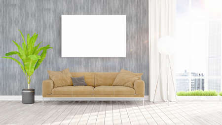 Modern interior with empty frame . 3D rendering