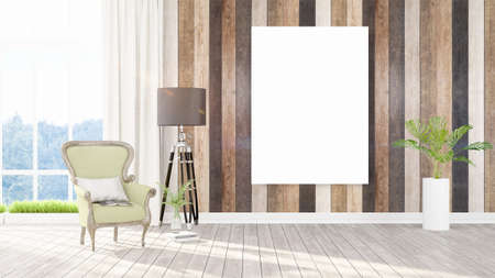 Beautiful living room interior with mock up poster frame. 3D rendering