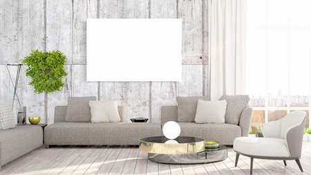 Beautiful living room interior with mock up poster frame. 3D renderingの写真素材