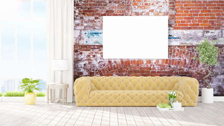 Modern interior with empty frame . 3D rendering