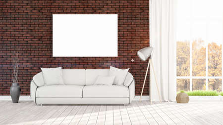 Modern interior with empty frame . 3D rendering