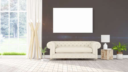 Modern interior with empty frame . 3D renderingの写真素材