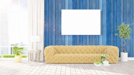 Modern interior with empty frame . 3D rendering
