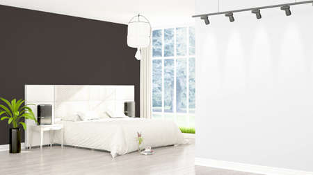 Beautiful modern bedroom interior with empty wall. 3D renderingの写真素材