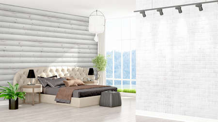 Beautiful modern bedroom interior with empty wall. 3D rendering