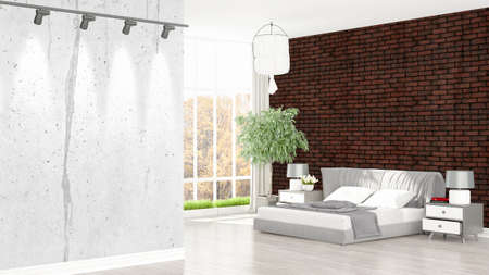 Beautiful modern bedroom interior with empty wall. 3D renderingの写真素材