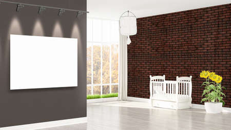 Modern interior with empty frame . 3D rendering