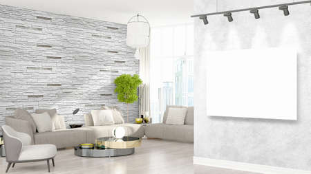 Modern interior with empty frame . 3D rendering