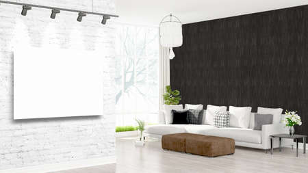 Modern interior with empty frame . 3D rendering
